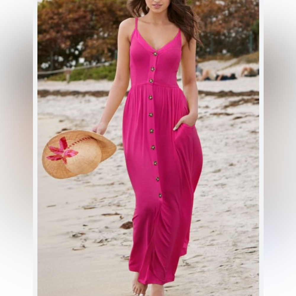 571 VENUS Hot Pink Maxi Dress XS Button Front Sleeveless Summer Vacation Resort